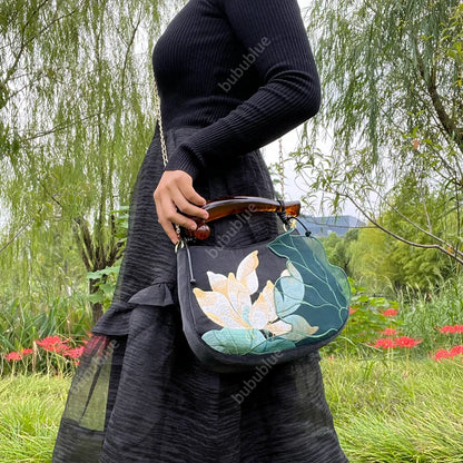 Lotus Embroidered Handbag with Fish Shape Handle
