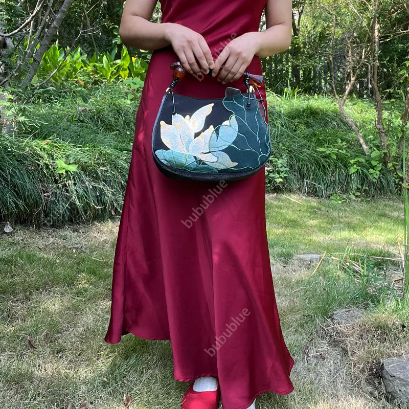 Lotus Embroidered Handbag with Fish Shape Handle