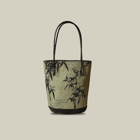Ink Bamboo Printed Green Bucket Bag with Leather Strap