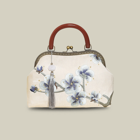 Plum Blossom Embroidered Kiss-Lock Handbag with Acrylic Handle
