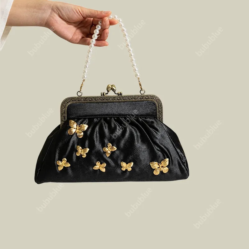 Vintage French Light Luxury Butterfly Embroidery Kiss Lock Black Evening Clutch