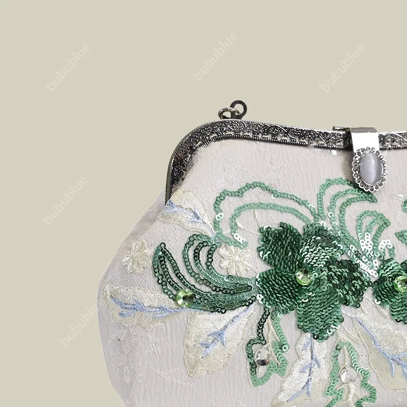 Emerald Green Floral Embroidered Clutch Bag With Pearl Handle