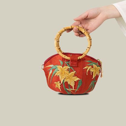 Maple Leaf Embroidered Shell Handbag with Bamboo Handle
