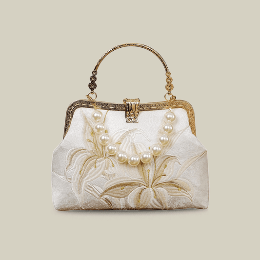 Lily Embroidered Pearl Handle Handbag with Metal Lock