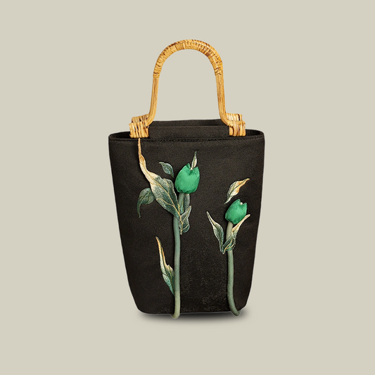 3D Rose Embroidered Black Tote Bag with Bamboo Handle