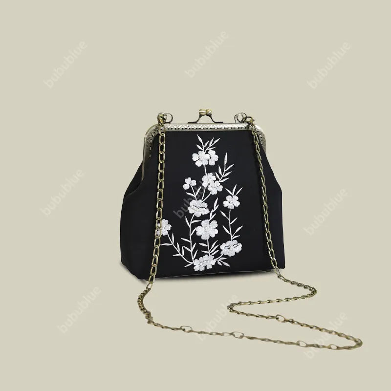 Milk Silk White Nightshade Embroidered Small Square Bag With Leather Handle