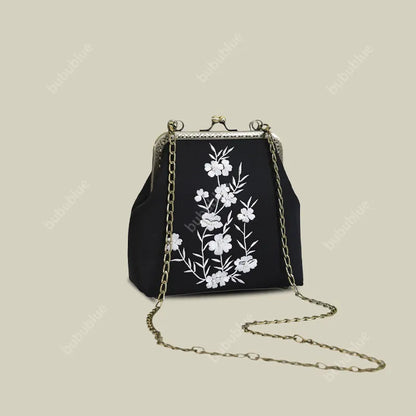 Milk Silk White Nightshade Embroidered Small Square Bag With Leather Handle