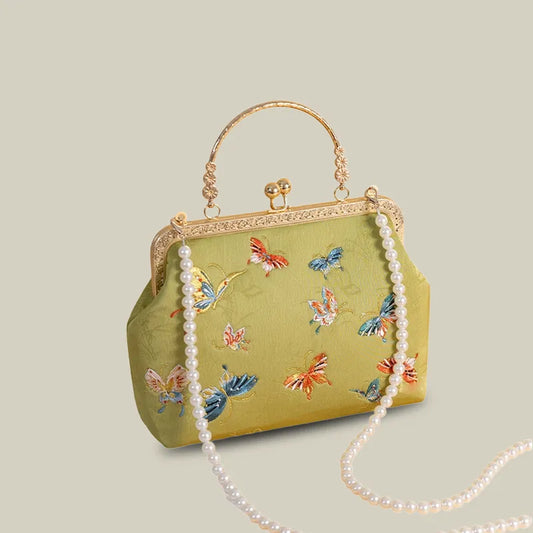 Butterfly Garden Embroidered Handbag with Vintage Metal Kiss-Lock