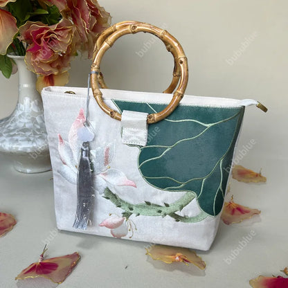 Large capacity Lotus Bloom Embroidered Tote Bag with Bamboo Handle