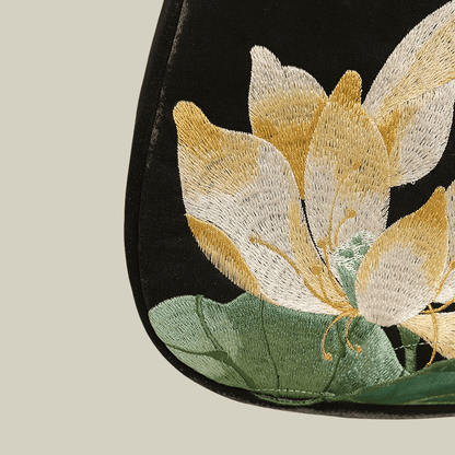 Lotus Embroidered Handbag with Fish Shape Handle