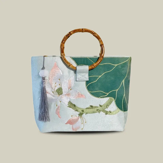 Large capacity Lotus Bloom Embroidered Tote Bag with Bamboo Handle