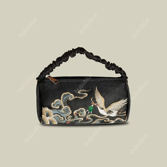 Black Crane Embroidered Handmade Evening Bag