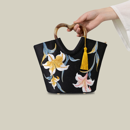 Lily Embroidered Tote Bag with Heart Handle