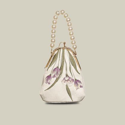 Tulip Embroidered Pearl Handle Handbag with Kiss-Lock