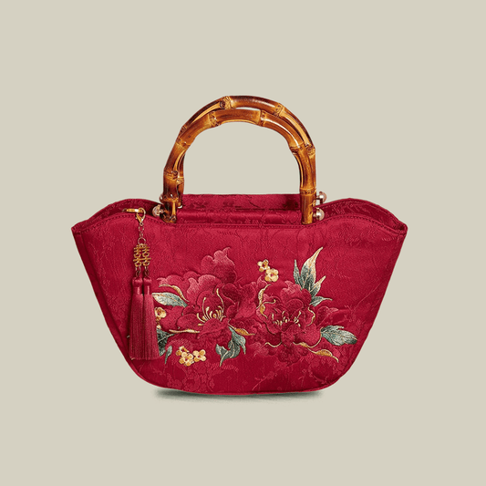 Red Peony Bloom Embroidered Tote Bag with Bamboo Handle