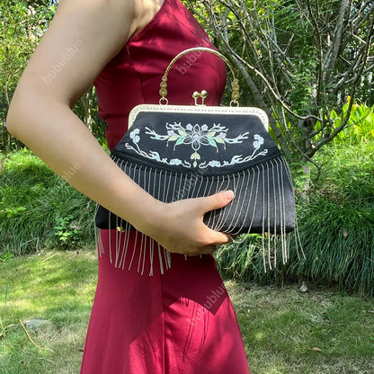 Floral Embroidered Vintage Black Evening Bag with Tassel