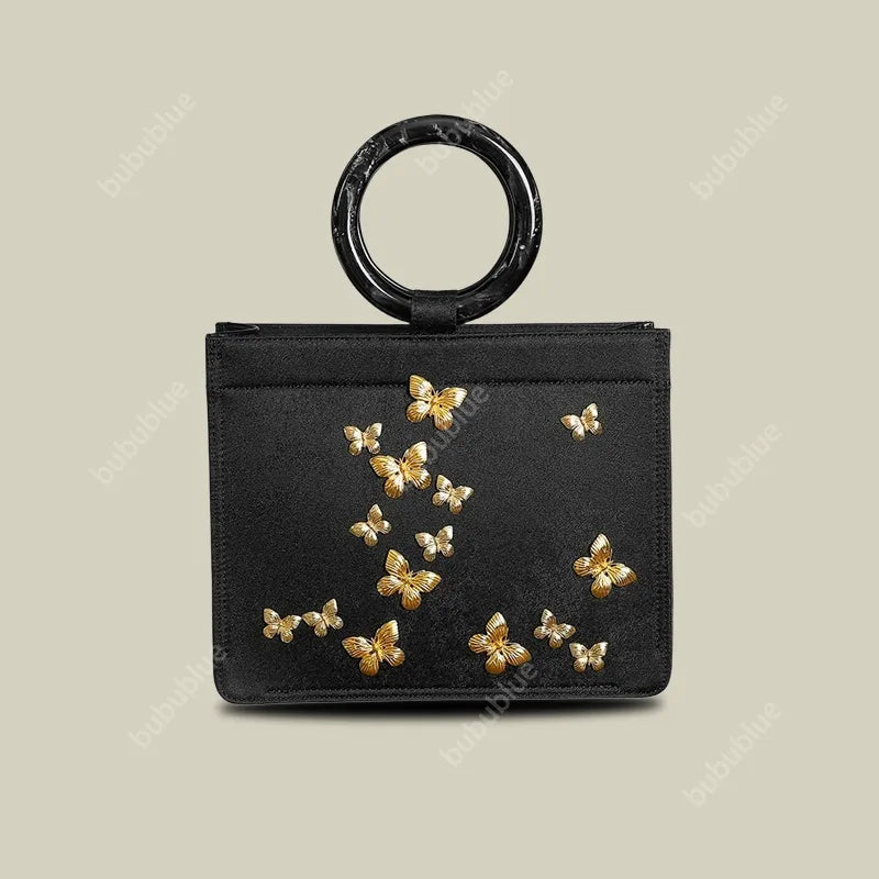 Golden Butterfly Embroidered Black Tote Bag with Crossbody Strap
