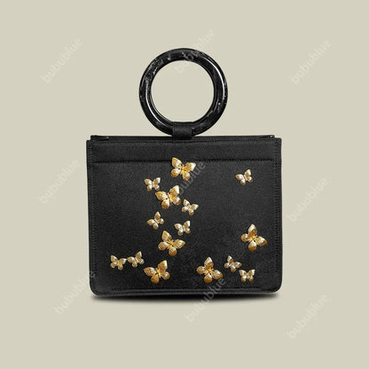 Golden Butterfly Embroidered Black Tote Bag with Crossbody Strap