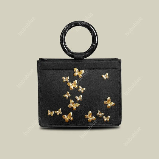 Golden Butterfly Embroidered Black Tote Bag with Crossbody Strap