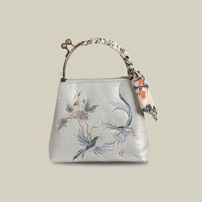 Kiss-Lock Embroidered Bird & Blossom Handbag with Silk Scarf