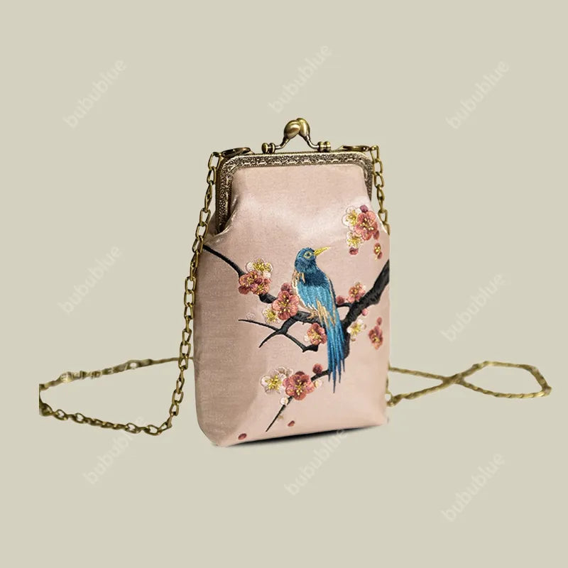 Magpie Embroidered Crossbody Phone Bag with Pearl Handle