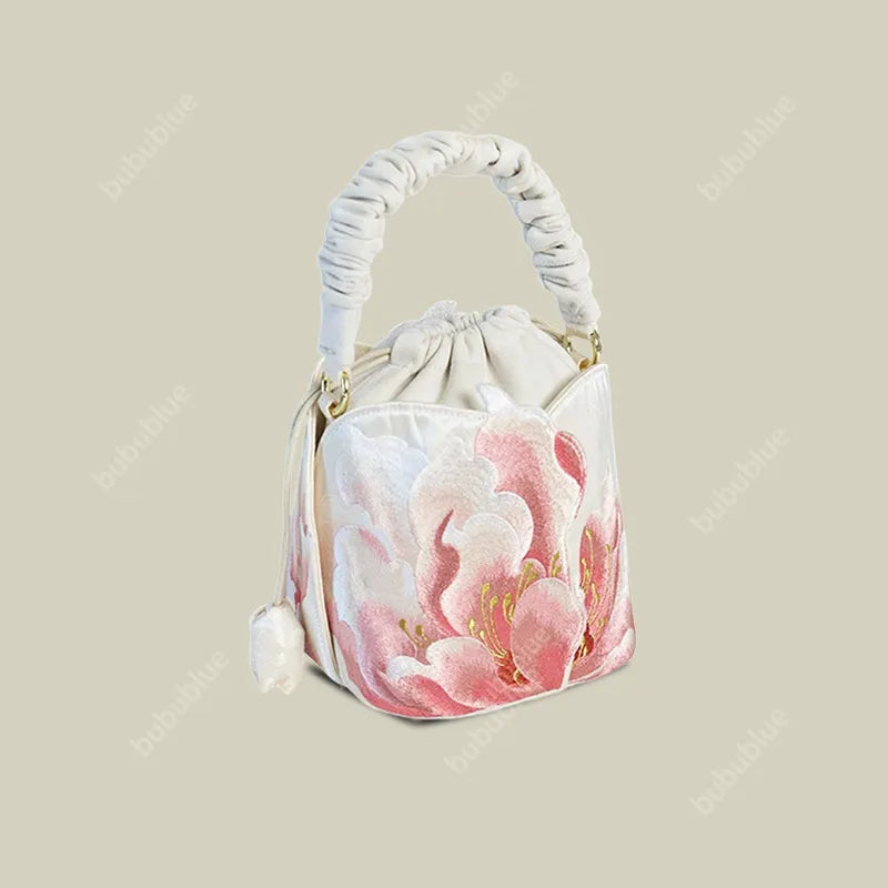 Peony Embroidered Vintage Bucket Bag with Drawstring Closure