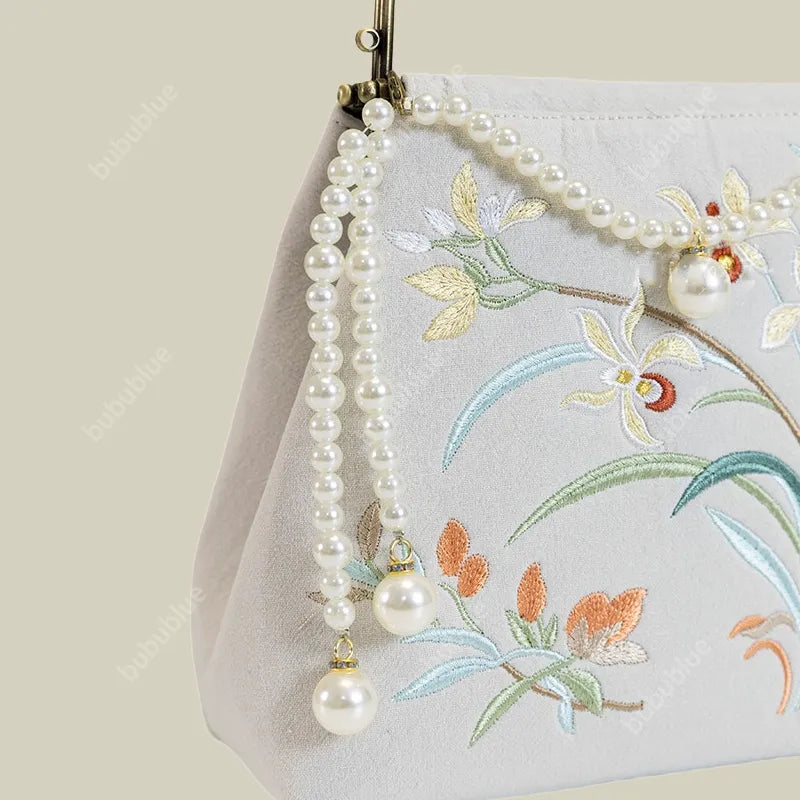 Cotton And Linen Orchid Embroidery Handbag With Pearl Chain (White/Red/Orange-Brown)