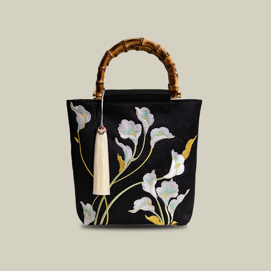 Embroidered Calla Lily Tote Bag with Wooden Handle