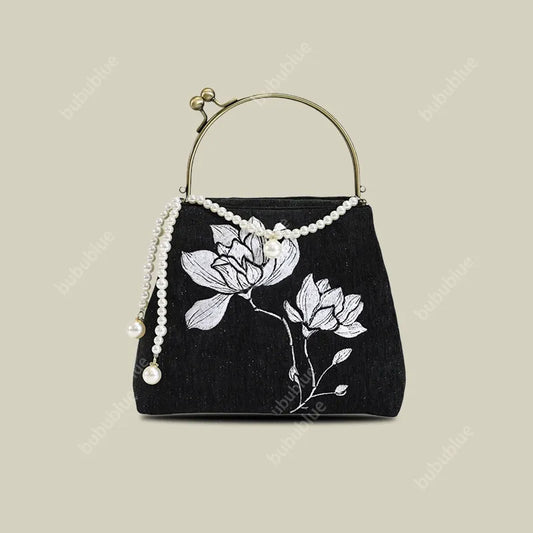 Black Lotus Embroidered Evening Bag with Pearl Trim Kiss Lock