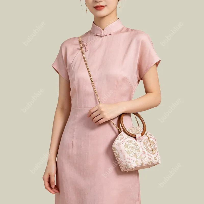 Round Wood Handle Shell Pink Brocade Bag Shaped Purse with Tasse