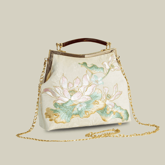 Embroidered Lotus Square Kiss-Lock Handbag with Acrylic Handle