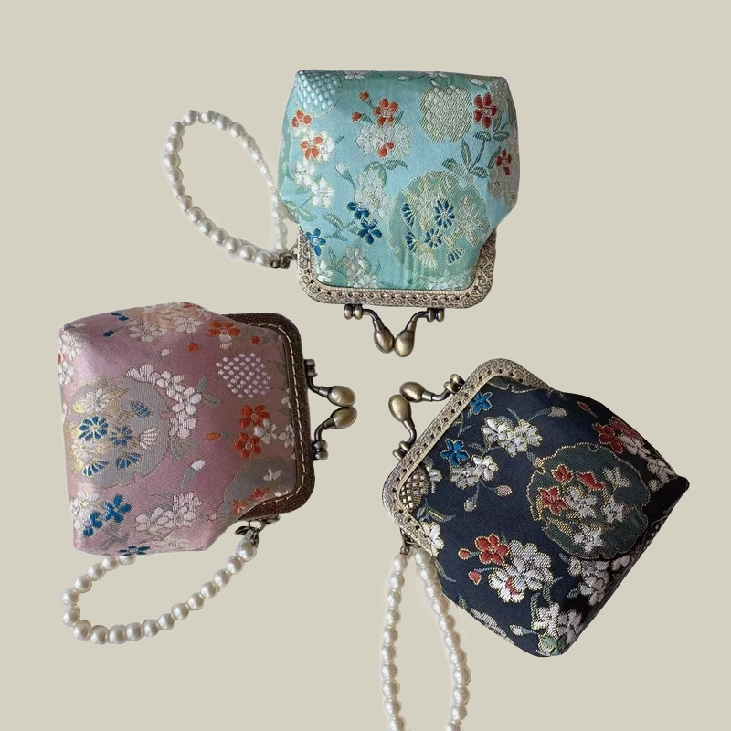 Pomegranate Blossom Brocade Coin Purse with Pearl Handle
