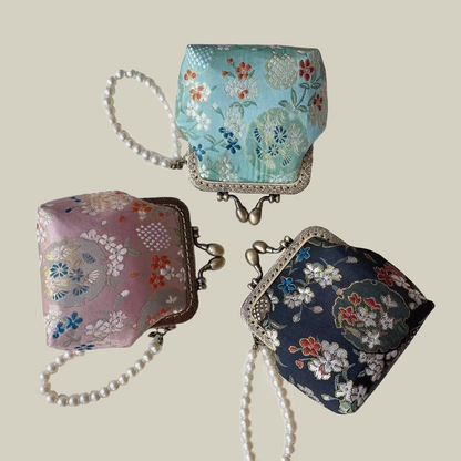 Pomegranate Blossom Brocade Coin Purse with Pearl Handle