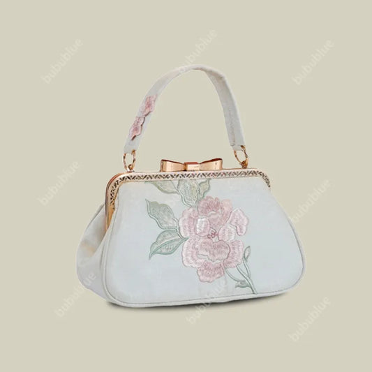 Vintage Begonia Embroidered Square Satin Handbag with Bow Lock