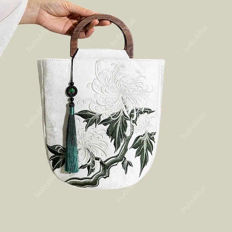 Vintage Chrysanthemum Embroidery Tote Bag with Wooden Handle