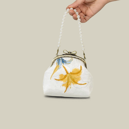 Pearl Chain Lily Embroidered Mini Purse with Bow Metal Kiss-Lock