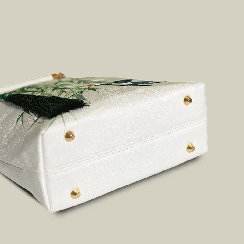 Swallow & Willow Embroidered White Tote Bag with Bamboo Handle
