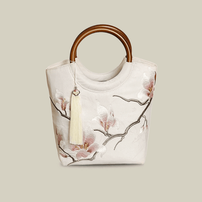Magnolia Blossom Embroidered White Tote Bag
