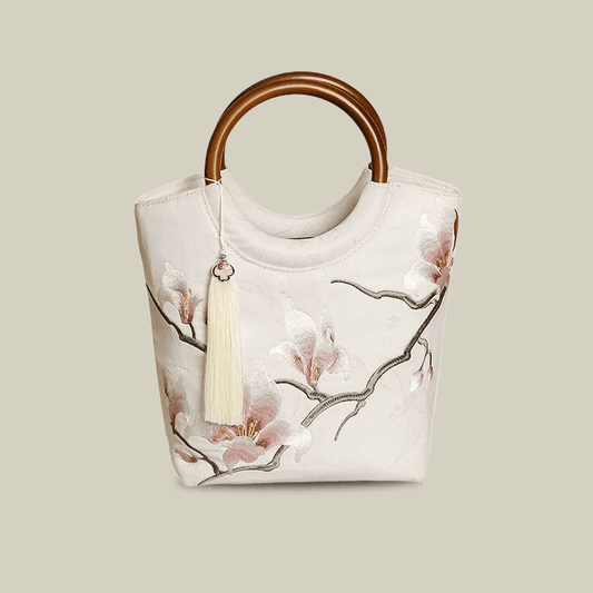 Magnolia Blossom Embroidered White Tote Bag