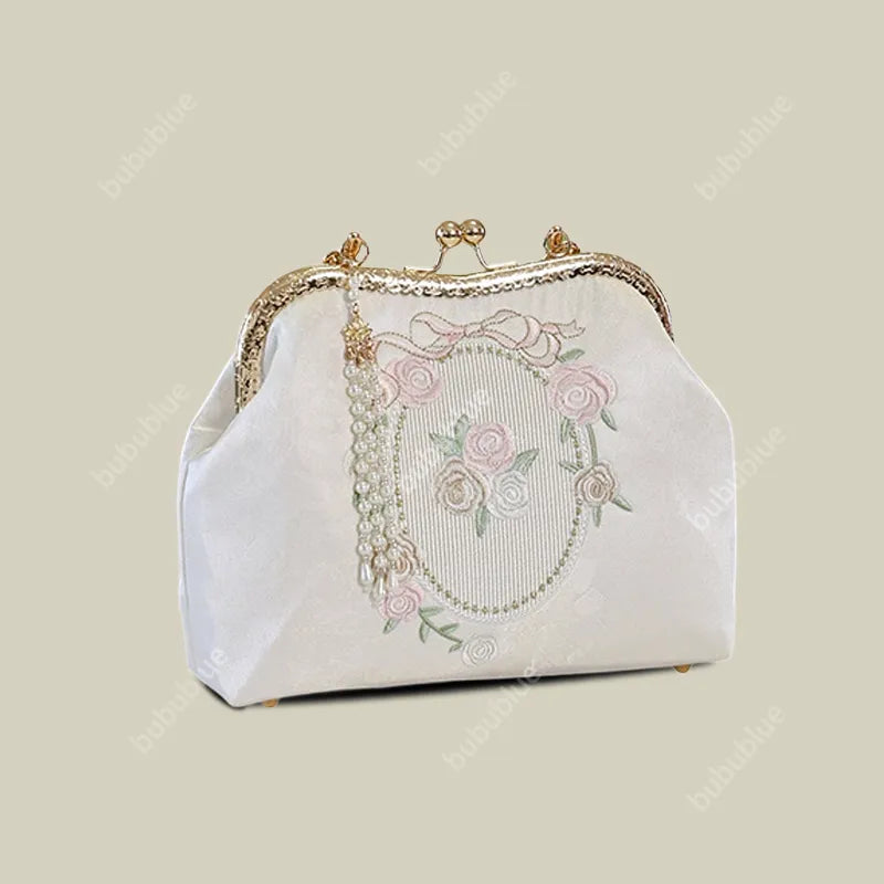 Vintage Rose Embroidered Handbag with Pearl Tassel & Gold Handle