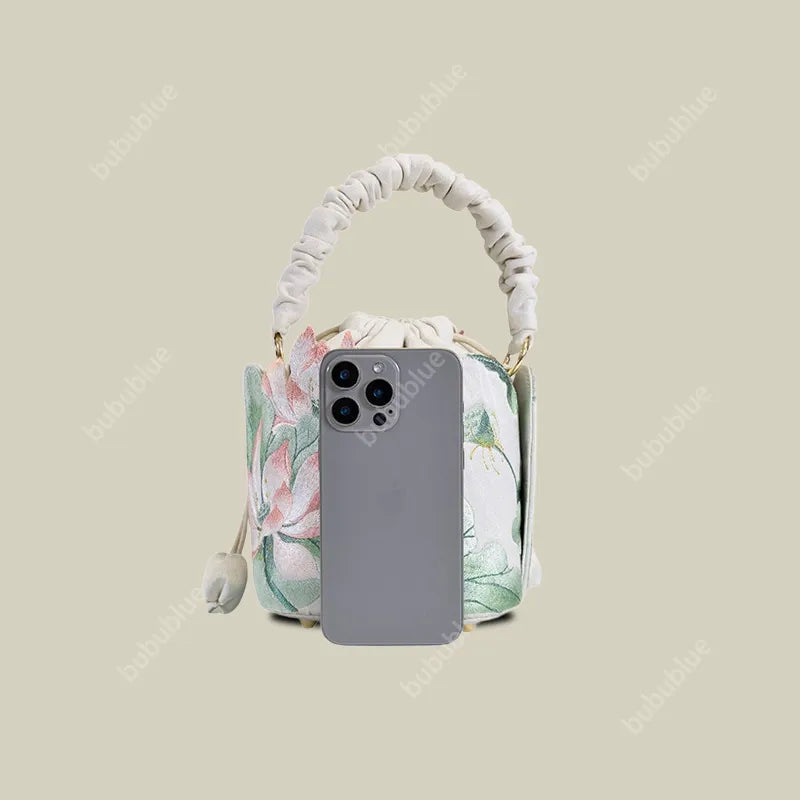 Lotus Embroidered Vintage Drawstring Green Bucket Bag with Soft Handle
