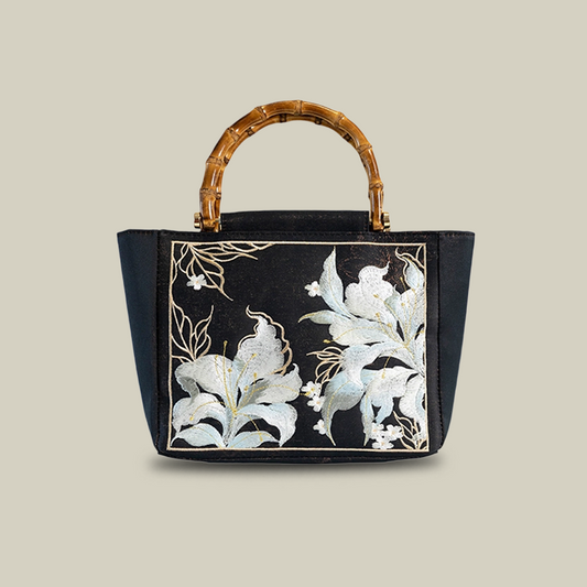 Lily Embroidered Black Tote Bag With Bamboo Handle