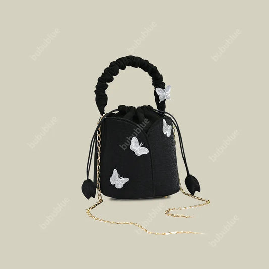Black Butterfly Embroidered Vintage Bucket Bag Crossbody