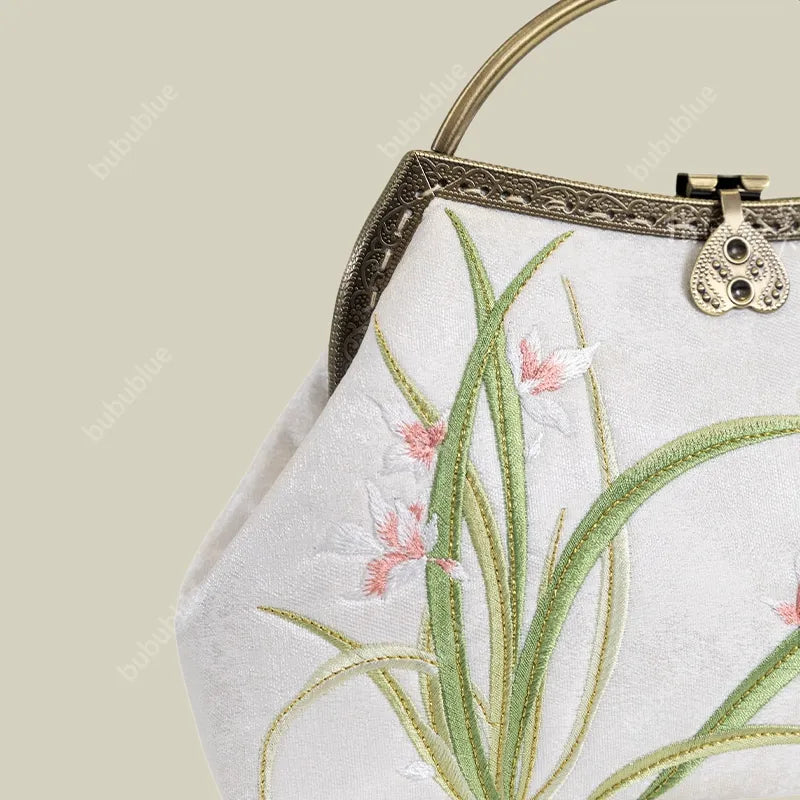 Orchid Embroidery White Handbag With Round Metal Handles