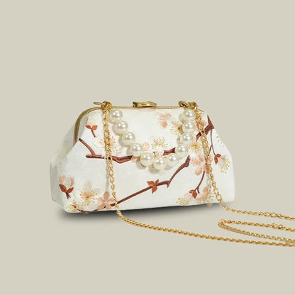 Plum Bossom Embroidered Beige White Vintage Handbag with Pearl Handle