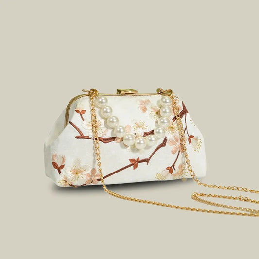 Plum Bossom Embroidered Beige White Vintage Handbag with Pearl Handle