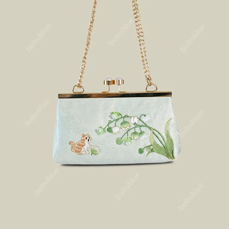 Vintage Lily of the Valley Embroidery Clutch Bag with Pearl Kiss Lock