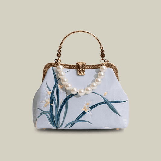 Orchid Embroidered Pearl Handle Handbag with Metal Lock