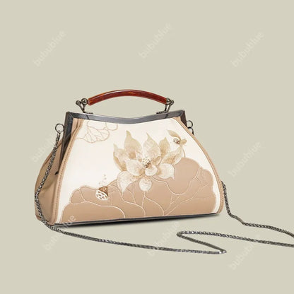 Lotus Embroidered Beige Leather Handbag with Vintage Kiss Lock
