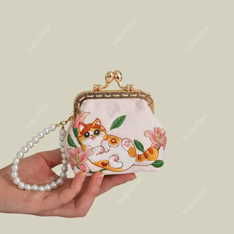 Cat Panda Embroidered Mini Coin Purse with Kiss Lock